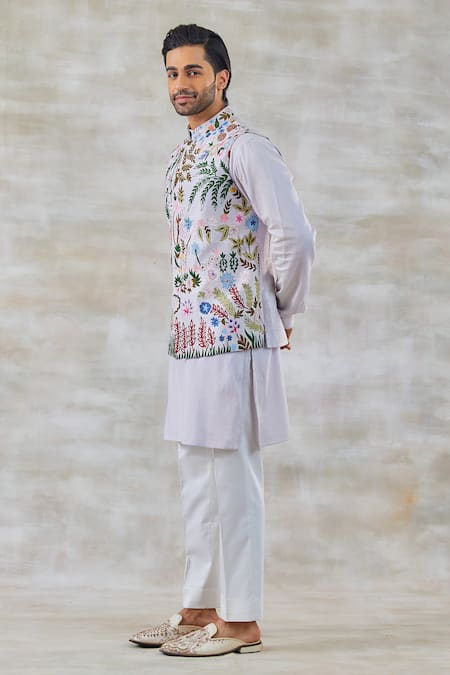 Studio Bagechaa_Purple Silk, Satin Embroidery Lilac Nehru Jacket Set_Online_at_Aza_Fashions