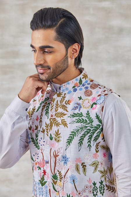 Buy_Studio Bagechaa_Purple Silk, Satin Embroidery Lilac Nehru Jacket Set_Online_at_Aza_Fashions