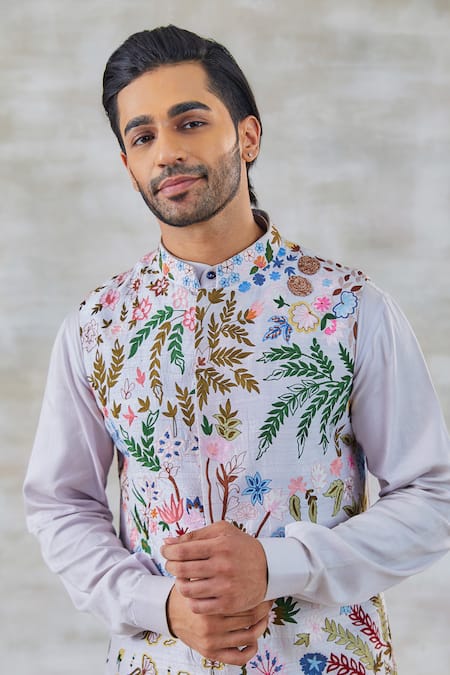 Shop_Studio Bagechaa_Purple Silk, Satin Embroidery Lilac Nehru Jacket Set_Online_at_Aza_Fashions