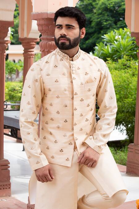 Studio Bagechaa_Beige Chanderi, Handloom Cotton Mirrors Embroidered Nehru Jacket Set_Online_at_Aza_Fashions