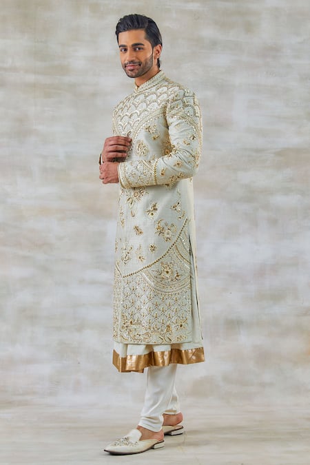 Studio Bagechaa_Ivory Silk, Cotton Sequins, Zari Embroidered Sherwani Set_Online_at_Aza_Fashions