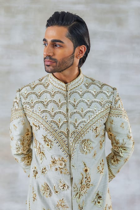 Buy_Studio Bagechaa_Ivory Silk, Cotton Sequins, Zari Embroidered Sherwani Set_Online_at_Aza_Fashions