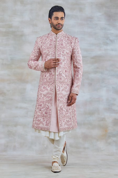 Studio Bagechaa Pink Raw Silk Embroidered Floral Sequin Sherwani Set 