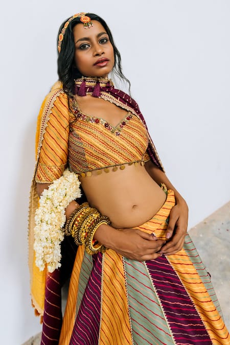 Studio Bagechaa_Multi Color Silk, Chanderi Gota Patti, Lace, Leheriya Print Lehenga Set_Online_at_Aza_Fashions