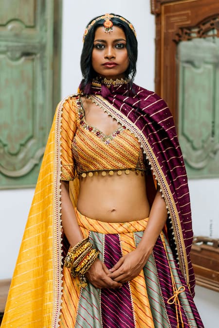 Buy_Studio Bagechaa_Multi Color Silk, Chanderi Gota Patti, Lace, Leheriya Print Lehenga Set_Online_at_Aza_Fashions