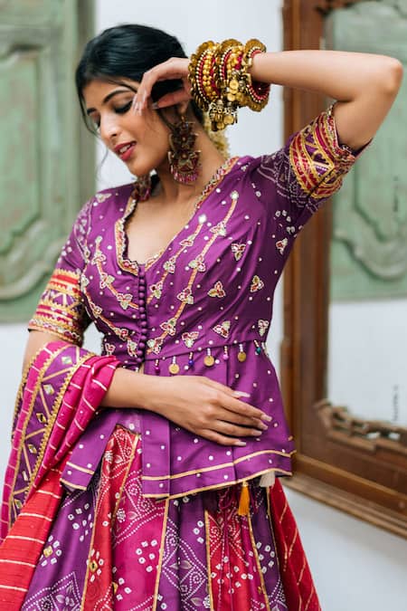 Studio Bagechaa_Multi Color Silk, Georgette Gota Patti, Mirrors, Flower Valley Print Lehenga Set_Online_at_Aza_Fashions