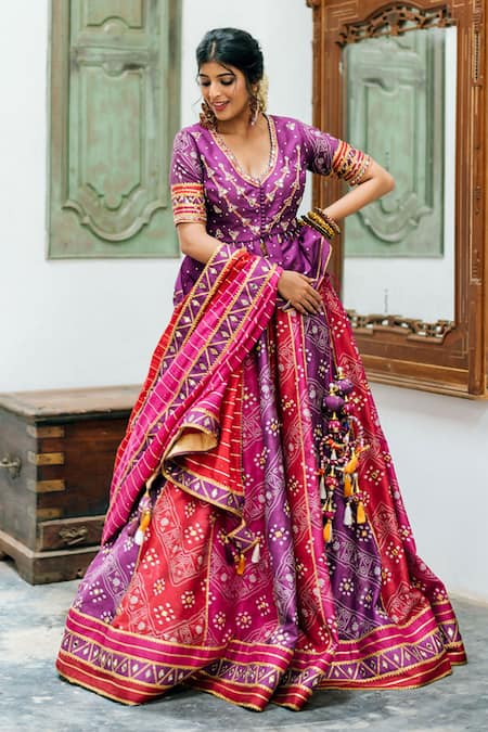 Purple Cotton Print And Mirror Handwork Gujarati Garba lehenga Chaniya  Choli Set | eBay
