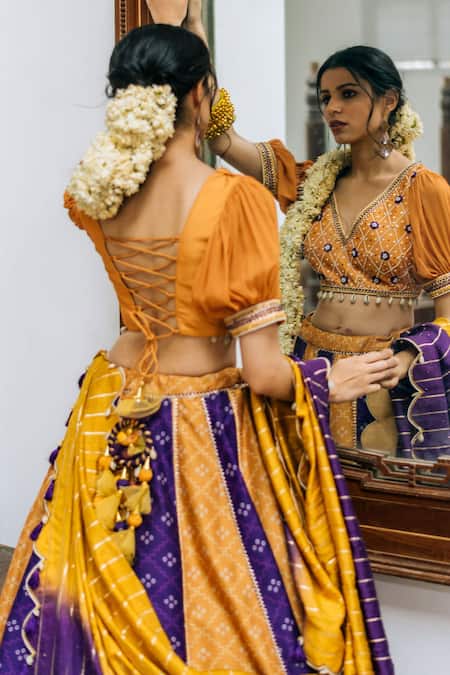 Studio Bagechaa_Yellow Silk, Chanderi Tassels V-neck Colorblock Panelled Printed Lehenga Set_Online_at_Aza_Fashions