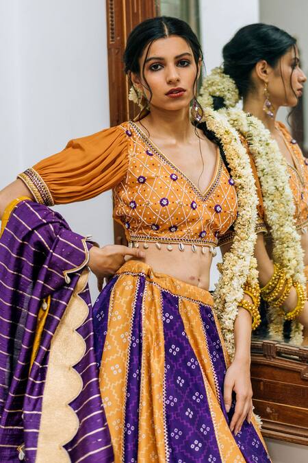 Buy_Studio Bagechaa_Yellow Silk, Chanderi Tassels V-neck Colorblock Panelled Printed Lehenga Set_Online_at_Aza_Fashions