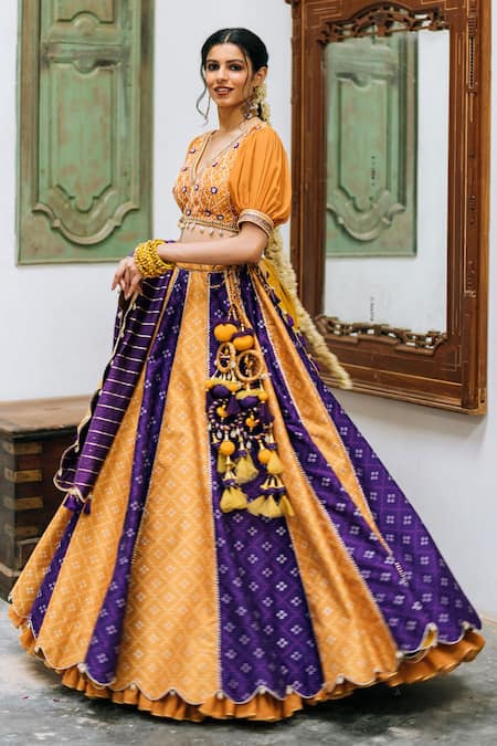 Shop_Studio Bagechaa_Yellow Silk, Chanderi Tassels V-neck Colorblock Panelled Printed Lehenga Set_Online_at_Aza_Fashions