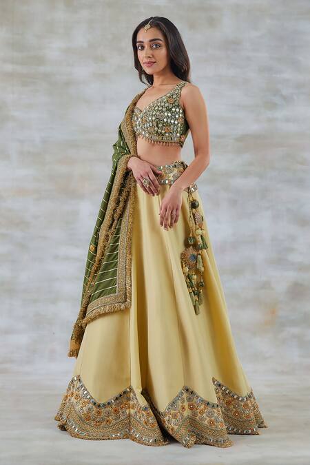 Buy_Studio Bagechaa_Green Silk, Chanderi Mirrors, Tassels, Champa Waistband Embroidered Lehenga Set _Online_at_Aza_Fashions