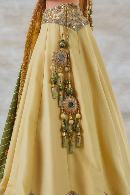 Shop_Studio Bagechaa_Green Silk, Chanderi Mirrors, Tassels, Champa Waistband Embroidered Lehenga Set _Online_at_Aza_Fashions