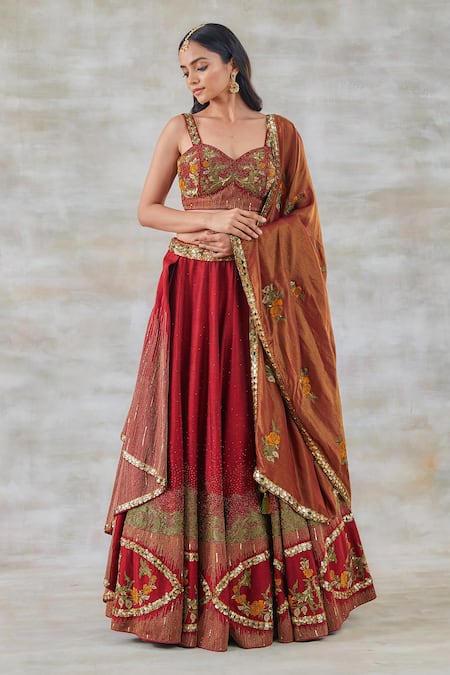 Studio Bagechaa Red Silk, Crepe Sequins, Diamonds, Mirrors, Gulab Aari Bridal Lehenga Set 