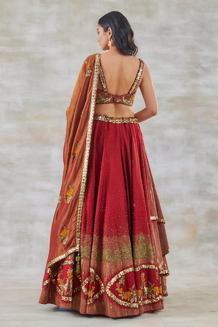 Shop Studio Bagechaa Red Silk, Crepe Sequins, Diamonds, Mirrors, Gulab Aari Bridal Lehenga Set at Aza Fashions Shop_Studio Bagechaa_Red Silk, Crepe Sequins, Diamonds, Mirrors, Gulab Aari Bridal Lehenga Set _at_Aza_Fashions