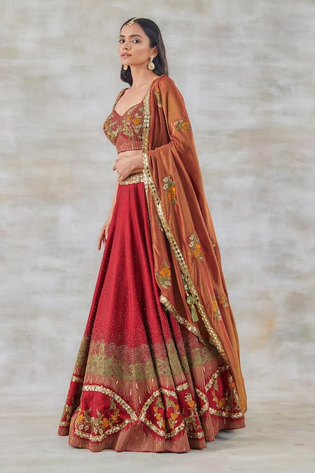 Buy Studio Bagechaa Red Silk, Crepe Sequins, Diamonds, Mirrors, Gulab Aari Bridal Lehenga Set Online at Aza Fashions Buy_Studio Bagechaa_Red Silk, Crepe Sequins, Diamonds, Mirrors, Gulab Aari Bridal Lehenga Set _Online_at_Aza_Fashions