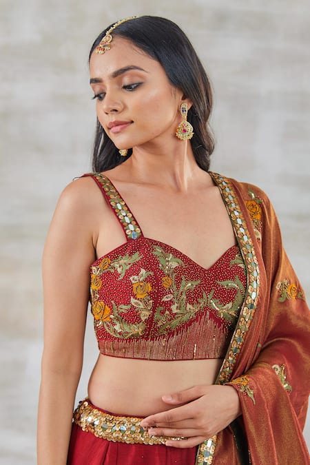 Shop Studio Bagechaa Red Silk, Crepe Sequins, Diamonds, Mirrors, Gulab Aari Bridal Lehenga Set Online at Aza Fashions Shop_Studio Bagechaa_Red Silk, Crepe Sequins, Diamonds, Mirrors, Gulab Aari Bridal Lehenga Set _Online_at_Aza_Fashions