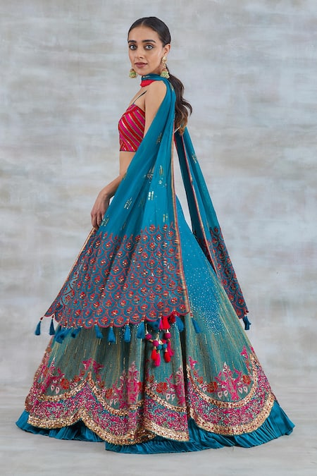 Shop Studio Bagechaa Blue Silk, Crepe Sequins, Tassels, Embroidery Sweetheart Nargis Lehenga Set at Aza Fashions Shop_Studio Bagechaa_Blue Silk, Crepe Sequins, Tassels, Embroidery Sweetheart Nargis Lehenga Set _at_Aza_Fashions