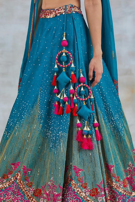 Studio Bagechaa Blue Silk, Crepe Sequins, Tassels, Embroidery Sweetheart Nargis Lehenga Set Online at Aza Fashions Studio Bagechaa_Blue Silk, Crepe Sequins, Tassels, Embroidery Sweetheart Nargis Lehenga Set _Online_at_Aza_Fashions