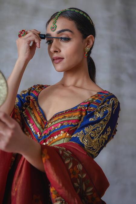 Studio Bagechaa Blue Silk, Tissue Sequins, Applique, Metallic Aprajita Resham Lehenga Set Online at Aza Fashions Studio Bagechaa_Blue Silk, Tissue Sequins, Applique, Metallic Aprajita Resham Lehenga Set _Online_at_Aza_Fashions