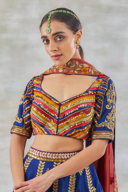 Shop Studio Bagechaa Blue Silk, Tissue Sequins, Applique, Metallic Aprajita Resham Lehenga Set Online at Aza Fashions Shop_Studio Bagechaa_Blue Silk, Tissue Sequins, Applique, Metallic Aprajita Resham Lehenga Set _Online_at_Aza_Fashions