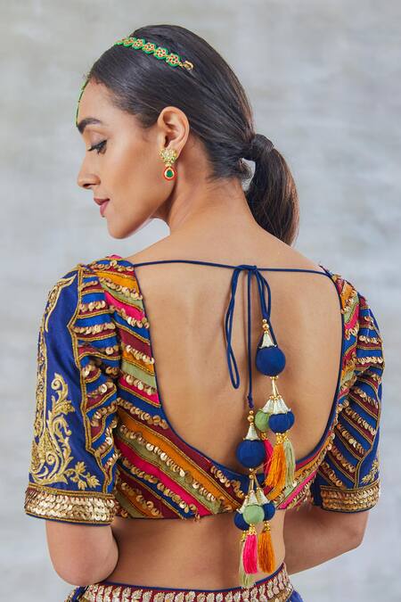 Buy Studio Bagechaa Blue Silk, Tissue Sequins, Applique, Metallic Aprajita Resham Lehenga Set Buy_Studio Bagechaa_Blue Silk, Tissue Sequins, Applique, Metallic Aprajita Resham Lehenga Set