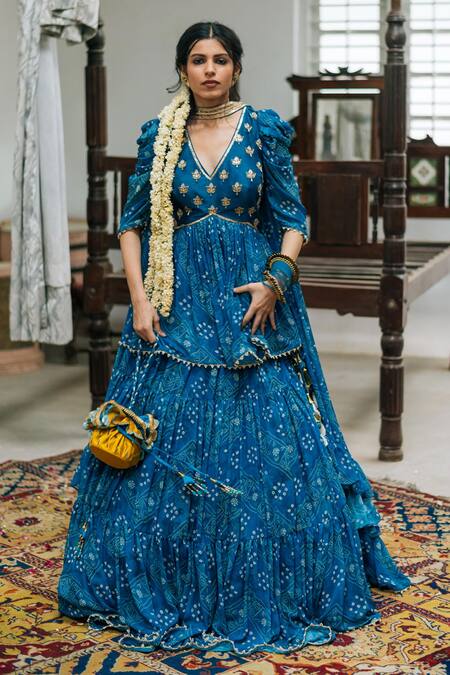 Studio Bagechaa_Blue Georgette, Silk Embroidery, Bandhani Print Lehenga And Peplum Kurta Set_Online_at_Aza_Fashions