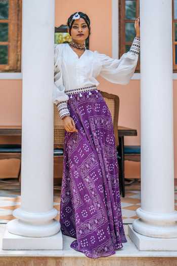 Buy_Studio Bagechaa_Purple Georgette Tassels, Bishop Sleeve Blouse With Bandhani Print Skirt_Online_at_Aza_Fashions