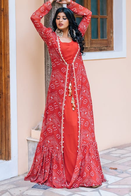 Divena Women Peach-Coloured Gotta Patti Printed Cotton Anarkali With Long  Ethnic Jacket - Absolutely Desi