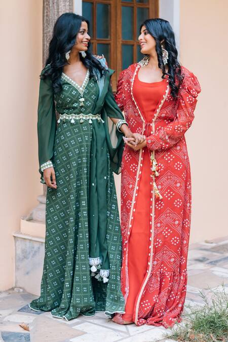 Studio Bagechaa_Orange Georgette Tassels, Gota Patti Open Bandhej Print Jacket With Anarkali_Online_at_Aza_Fashions