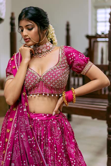 Studio Bagechaa_Pink Silk, Georgette Tassels, Pearls, Embroidery Bandhani Print Lehenga Set_Online_at_Aza_Fashions