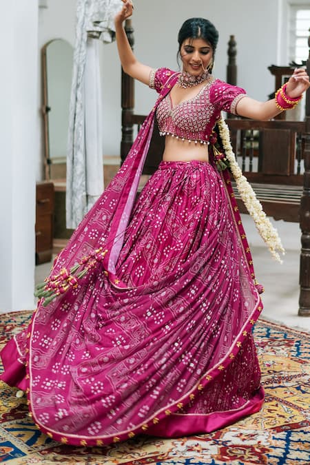 Buy_Studio Bagechaa_Pink Silk, Georgette Tassels, Pearls, Embroidery Bandhani Print Lehenga Set_Online_at_Aza_Fashions