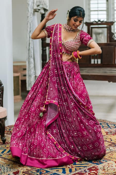 Shop_Studio Bagechaa_Pink Silk, Georgette Tassels, Pearls, Embroidery Bandhani Print Lehenga Set_Online_at_Aza_Fashions