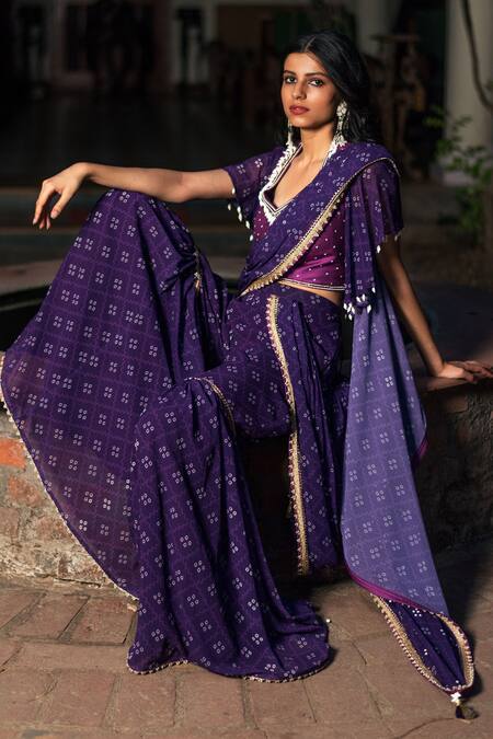 Studio Bagechaa_Purple Georgette Story Pre-draped Bandhej Print Sharara Saree With Blouse_Online_at_Aza_Fashions