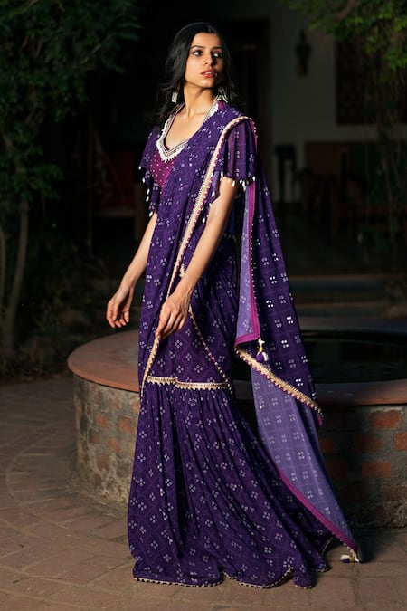 Buy_Studio Bagechaa_Purple Georgette Story Pre-draped Bandhej Print Sharara Saree With Blouse_Online_at_Aza_Fashions
