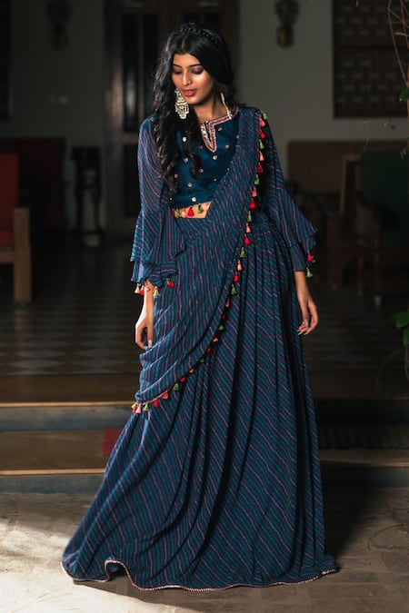 Studio Bagechaa Blue Georgette Print Leheriya Notched Round Neck Pre-draped Saree With Blouse 