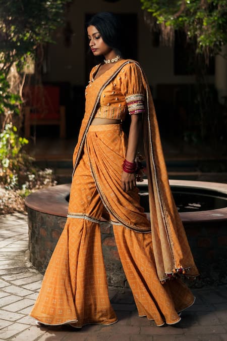 Studio Bagechaa Pre-Draped Bandhej Print Pant Saree With Blouse 