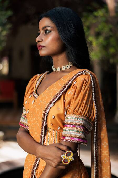 Studio Bagechaa_Yellow Silk, Georgette Sequins Pre-draped Bandhej Print Pant Saree With Blouse_Online_at_Aza_Fashions