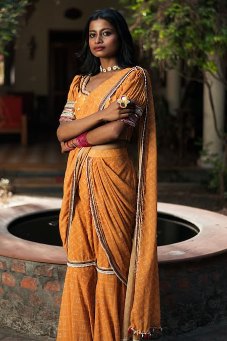 Buy_Studio Bagechaa_Yellow Silk, Georgette Sequins Pre-draped Bandhej Print Pant Saree With Blouse_Online_at_Aza_Fashions