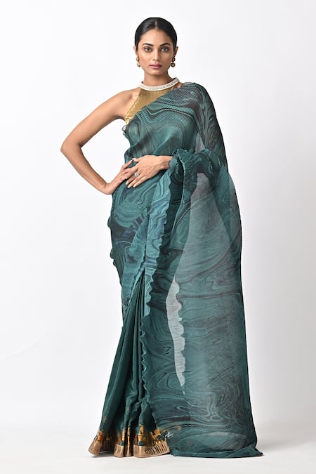 Kiran Uttam Ghosh Marble Print Saree With Unstitched Blouse 