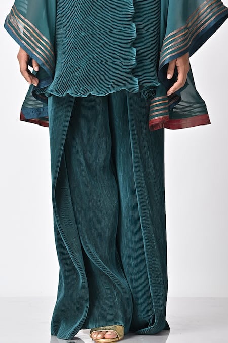 Kiran Uttam Ghosh Blue Pleated Polyester Mix Solid Wide-legged Pant Online at Aza Fashions Kiran Uttam Ghosh_Blue Pleated Polyester Mix Solid Wide-legged Pant _Online_at_Aza_Fashions
