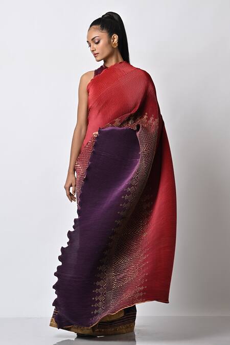 Buy_Kiran Uttam Ghosh_Purple Polyester Embroidery Ombre Hand Saree With Unstitched Blouse _Online_at_Aza_Fashions
