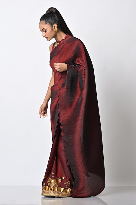 Buy_Kiran Uttam Ghosh_Maroon Pleated Polyester Mix Hand Border Saree With Unstitched Blouse  _Online_at_Aza_Fashions