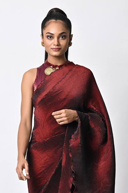 Shop_Kiran Uttam Ghosh_Maroon Pleated Polyester Mix Hand Border Saree With Unstitched Blouse  _Online_at_Aza_Fashions