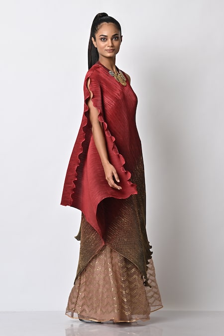 Kiran Uttam Ghosh_Red Polyester Round Neck Pleated And Draped Dress_Online_at_Aza_Fashions