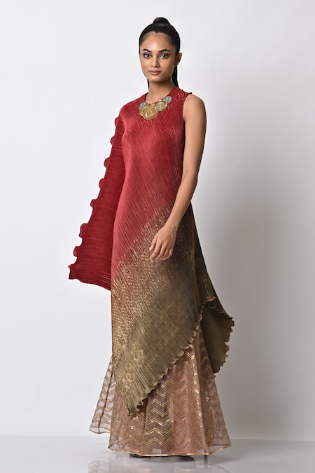 Buy_Kiran Uttam Ghosh_Red Polyester Round Neck Pleated And Draped Dress_Online_at_Aza_Fashions