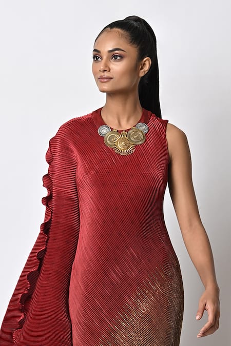 Shop Kiran Uttam Ghosh Red Polyester Round Neck Pleated And Draped Dress Online at Aza Fashions Shop_Kiran Uttam Ghosh_Red Polyester Round Neck Pleated And Draped Dress_Online_at_Aza_Fashions