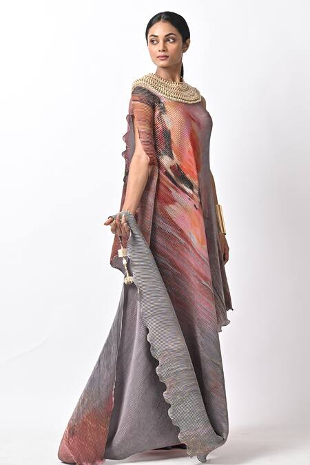 Kiran Uttam Ghosh_Grey Pleated Polyester Mix Hand Embroidery Beads Round And Draped Dress  _Online_at_Aza_Fashions