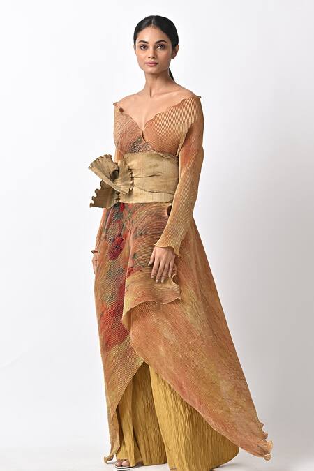 Buy_Kiran Uttam Ghosh_Yellow Polyester One Shoulder Abstract Print Wrap Dress_Online_at_Aza_Fashions