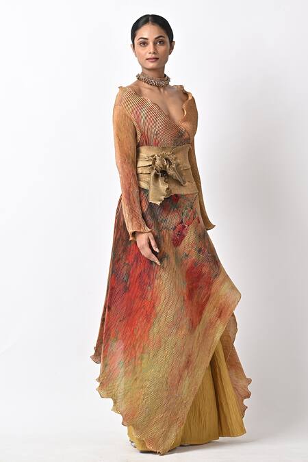 Shop_Kiran Uttam Ghosh_Yellow Polyester One Shoulder Abstract Print Wrap Dress_Online_at_Aza_Fashions