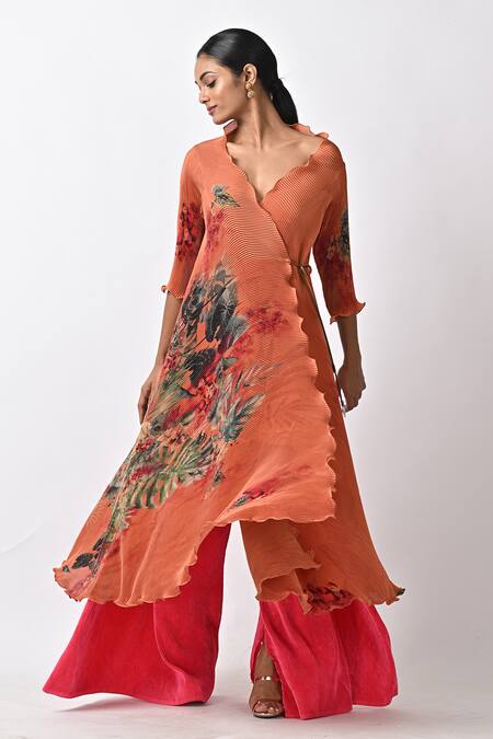 Kiran Uttam Ghosh Orange Pleated Polyester Mix Printed Abstract V Neck Angrakha   2